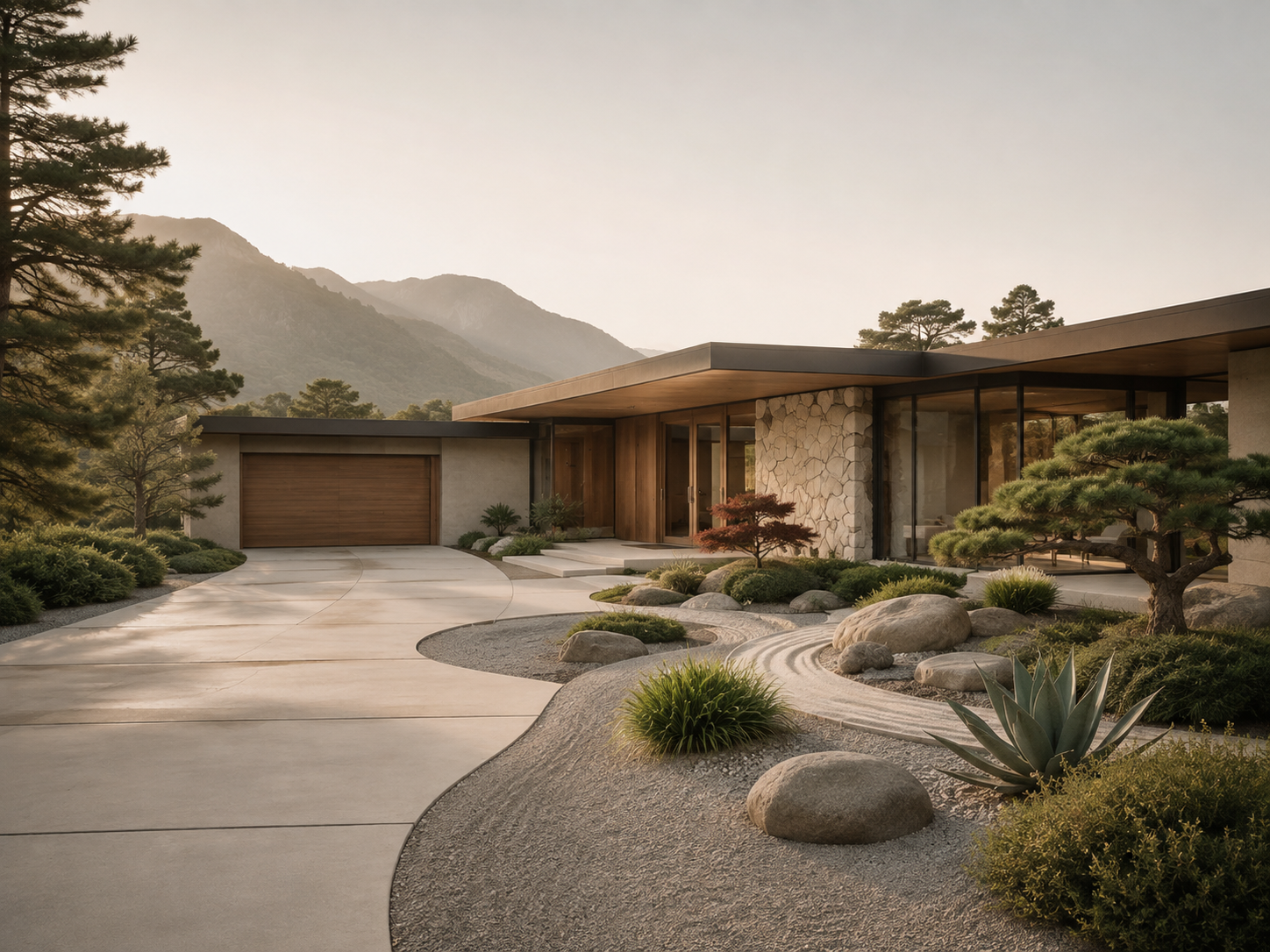 Mid-century modern home at golden hour