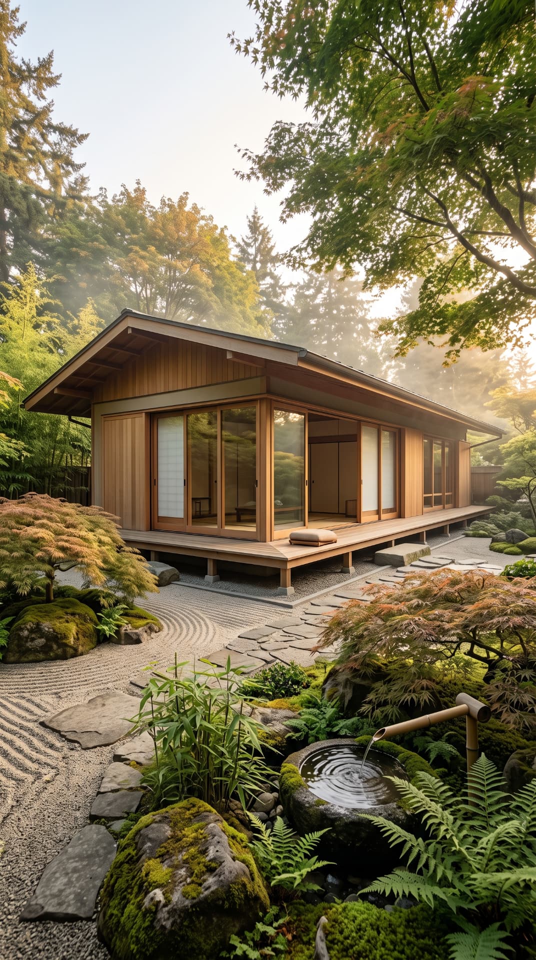 Japanese-style garden pavilion with raked gravel, mossy stones and a stone water basin in soft morning light