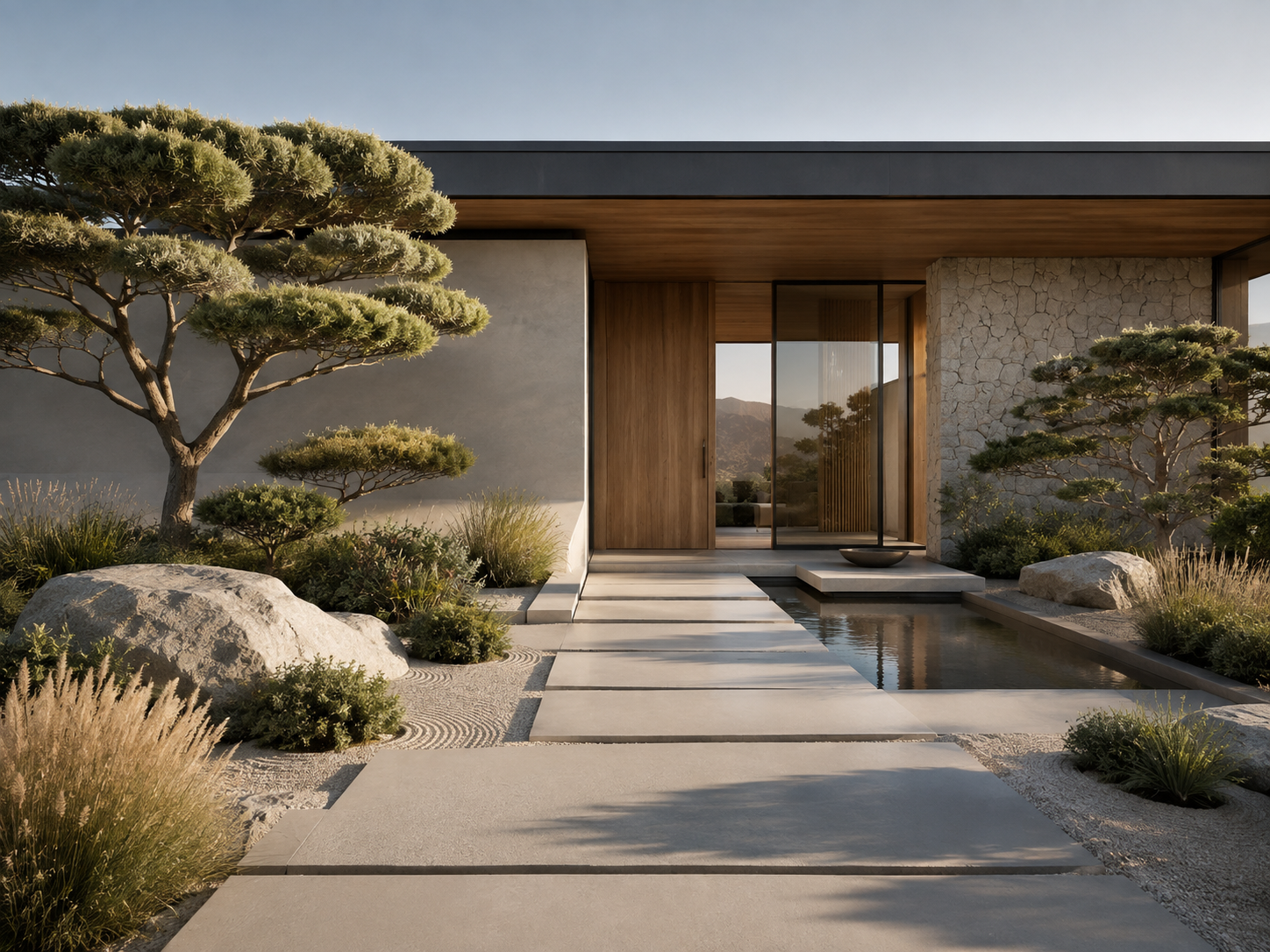 Modern home entry with stone path