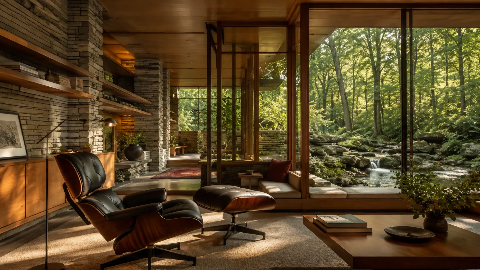Mid-century modern living room with stone walls, wood beams, and a forest view through floor-to-ceiling windows