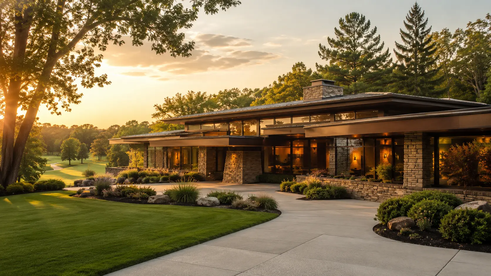Prairie-style modern home at sunset with warm interior lighting